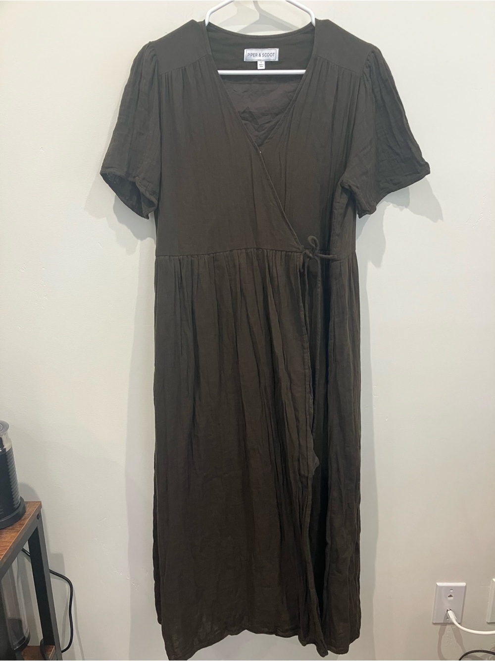 Piper & Scoot Gauze Olive Cotton Wrap Midi Dress with Lining and Pockets